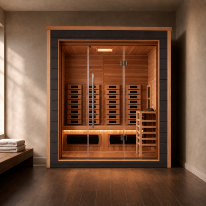 Golden Designs Visby 3-person PureTech hybrid sauna installed in a home wellness room