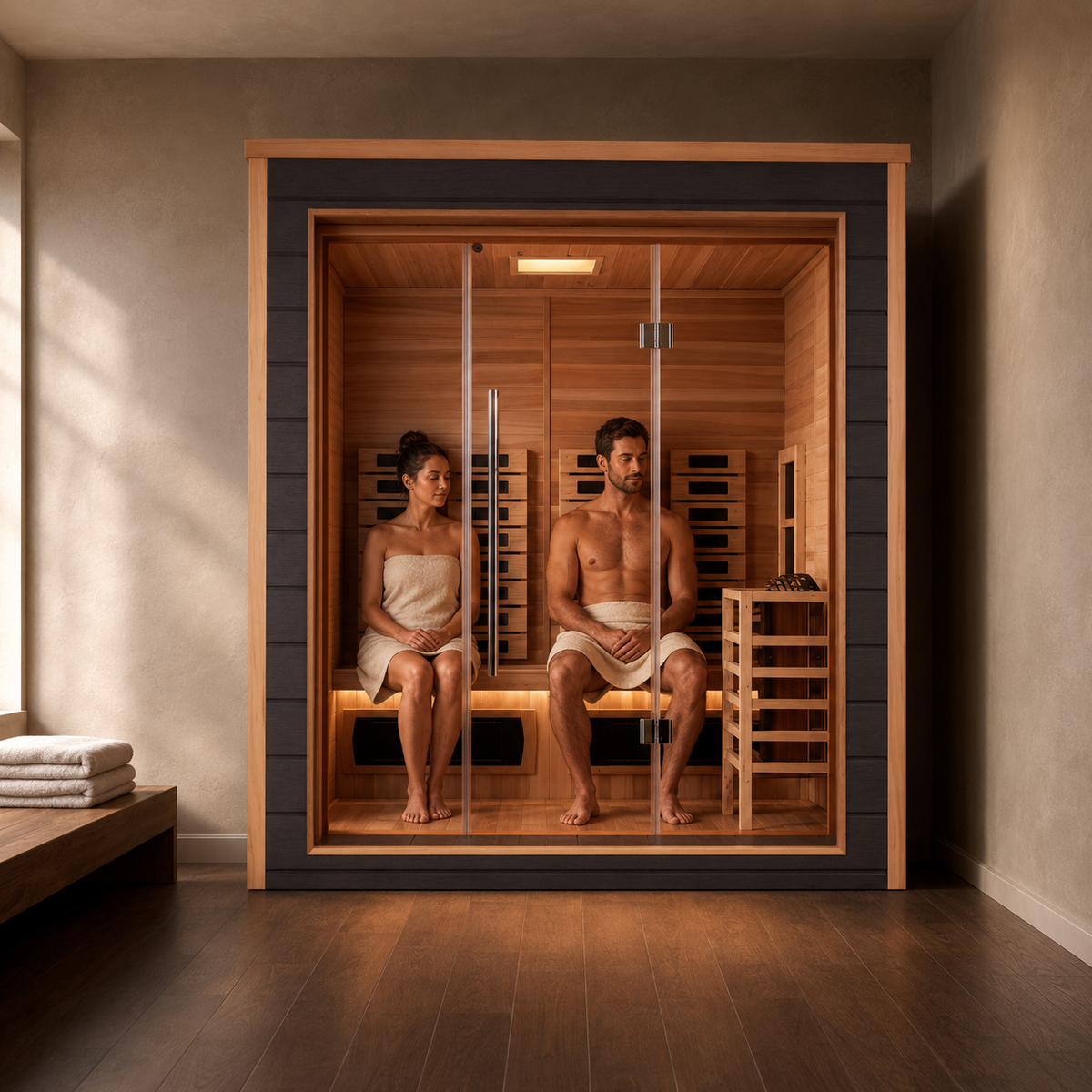 Two people relaxing inside the Golden Designs Visby 3-person PureTech hybrid sauna