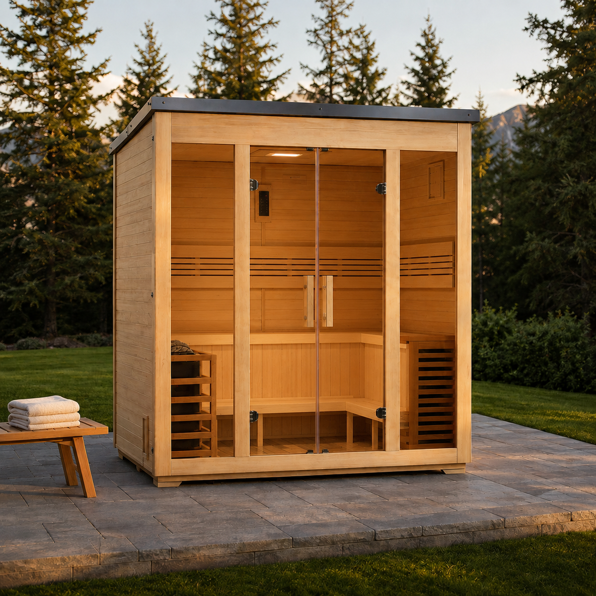 Golden Designs Vorarlberg 5-person traditional flat roof sauna installed outdoors on a paver patio