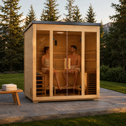 Two people relaxing inside the Golden Designs Vorarlberg 5-person outdoor traditional sauna