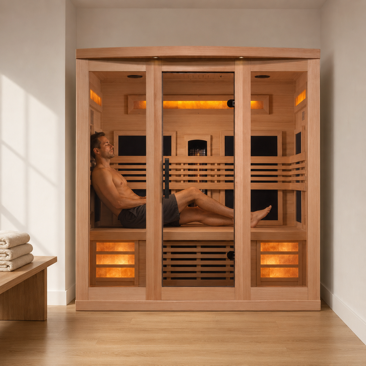 Man relaxing on the bench inside the Golden Designs 6-person full spectrum infrared sauna with Himalayan salt bars glowing