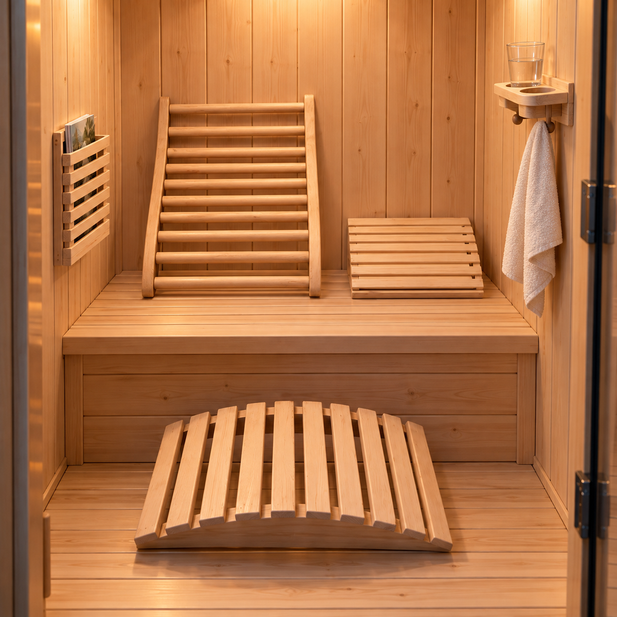 HeatWave Deluxe Sauna Accessory Kit installed in a hemlock sauna: backrest, headrest, footrest, magazine rack and cup holder
