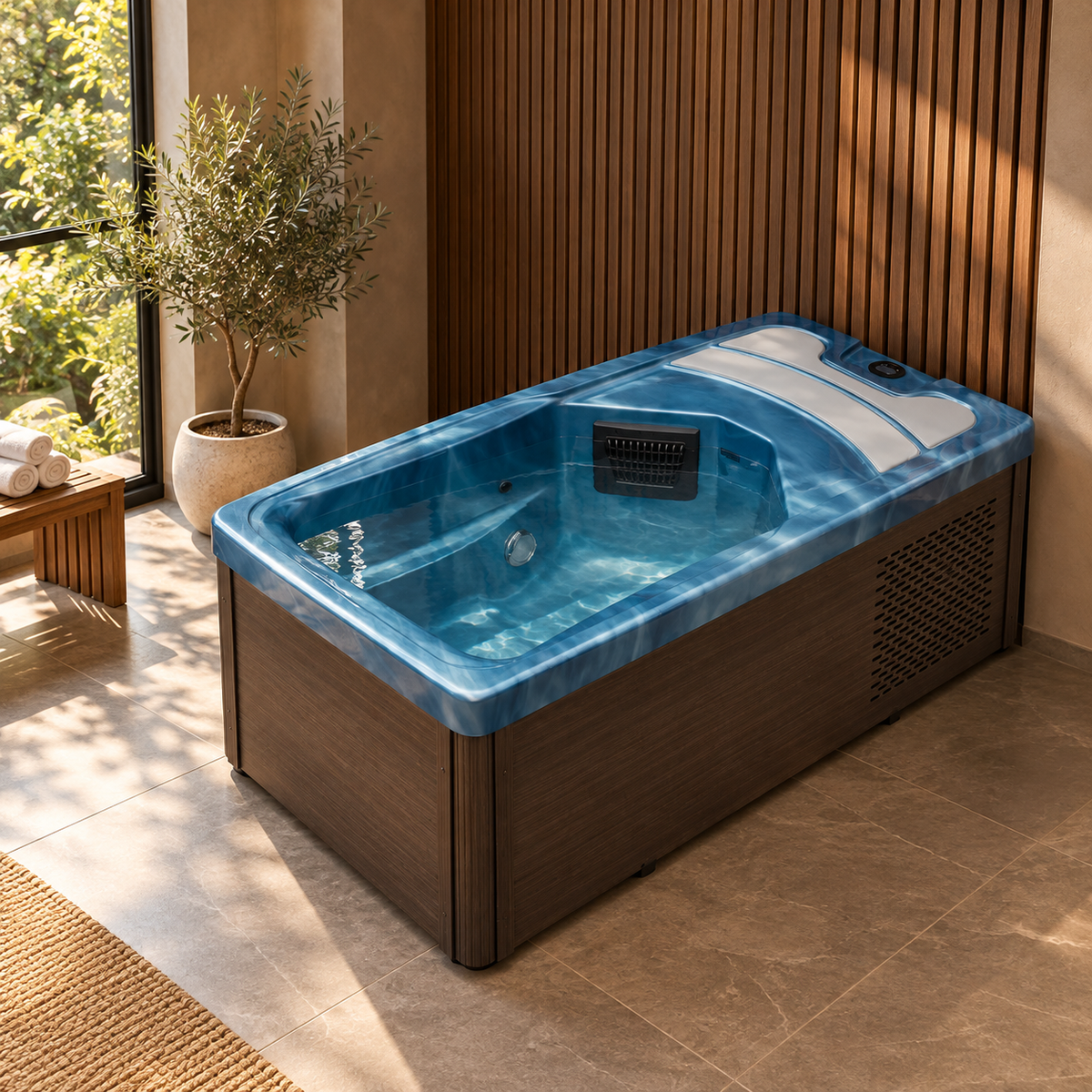 variant-blue, K-Plunge Borealis cold plunge and hot tub in a home wellness room