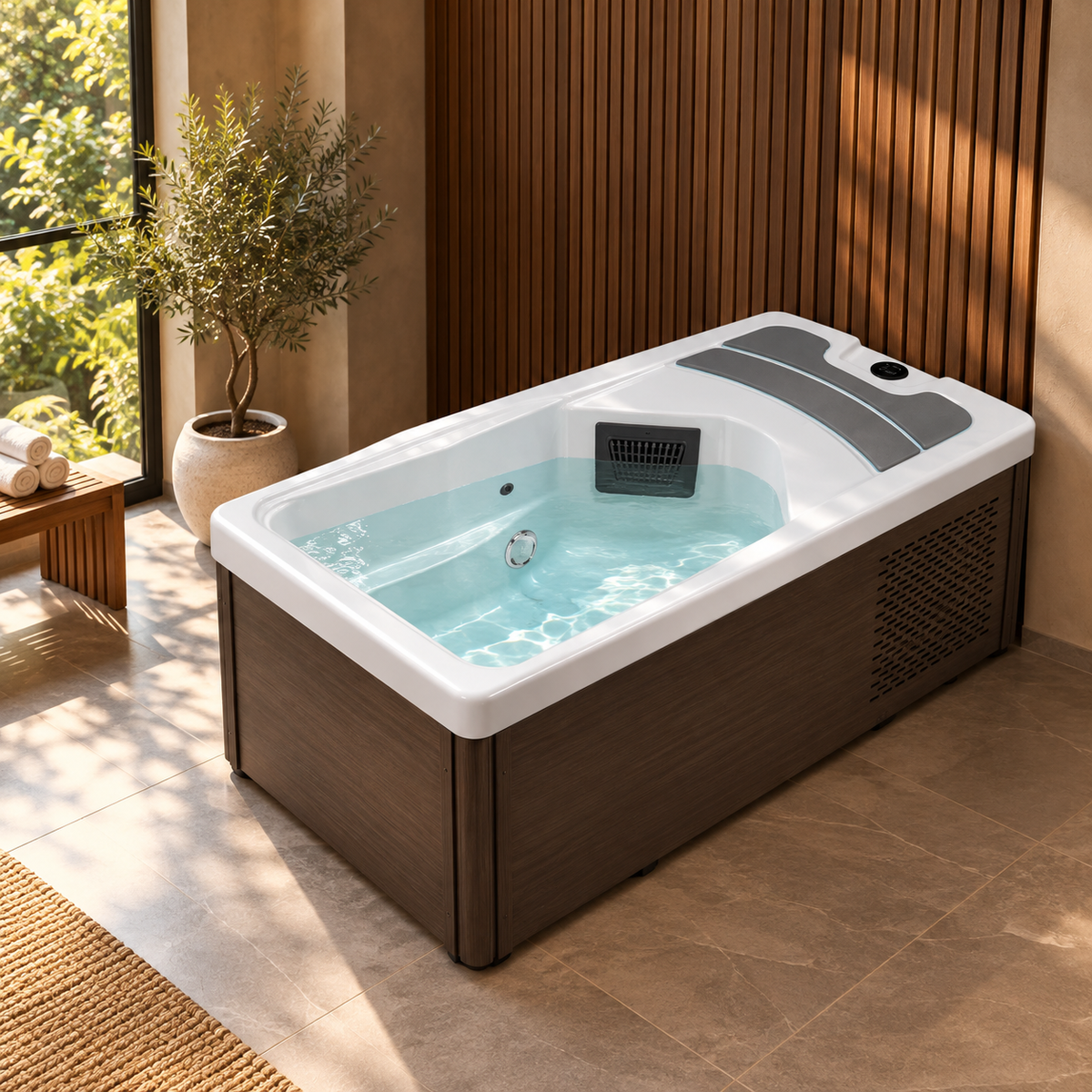 variant-white, K-Plunge Borealis cold plunge and hot tub in a home wellness room