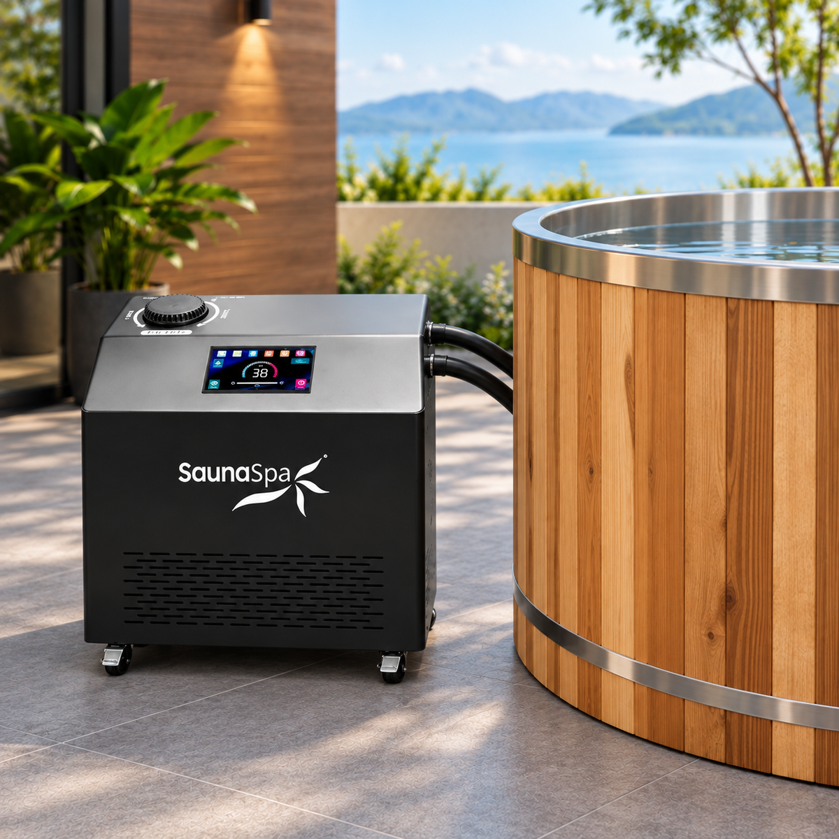 K-Plunge Gale chiller beside a cedar cold plunge tub on a patio