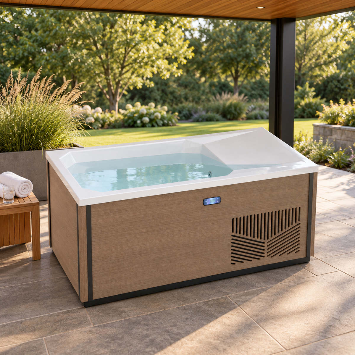K-Plunge Icebed All-in-One Cold Plunge and Hot Tub under a covered backyard pavilion