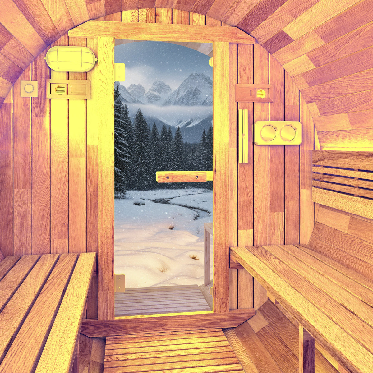 variant-with front porch, SaunaSpa barrel sauna interior looking out to the porch
