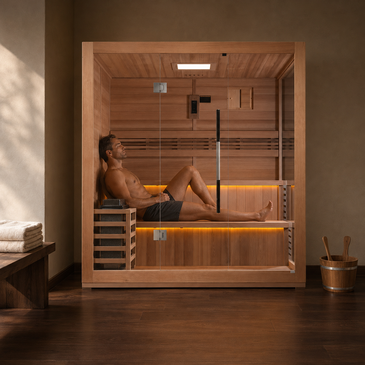Man relaxing on the cedar bench inside the Golden Designs Kuusamo 6-person traditional indoor sauna