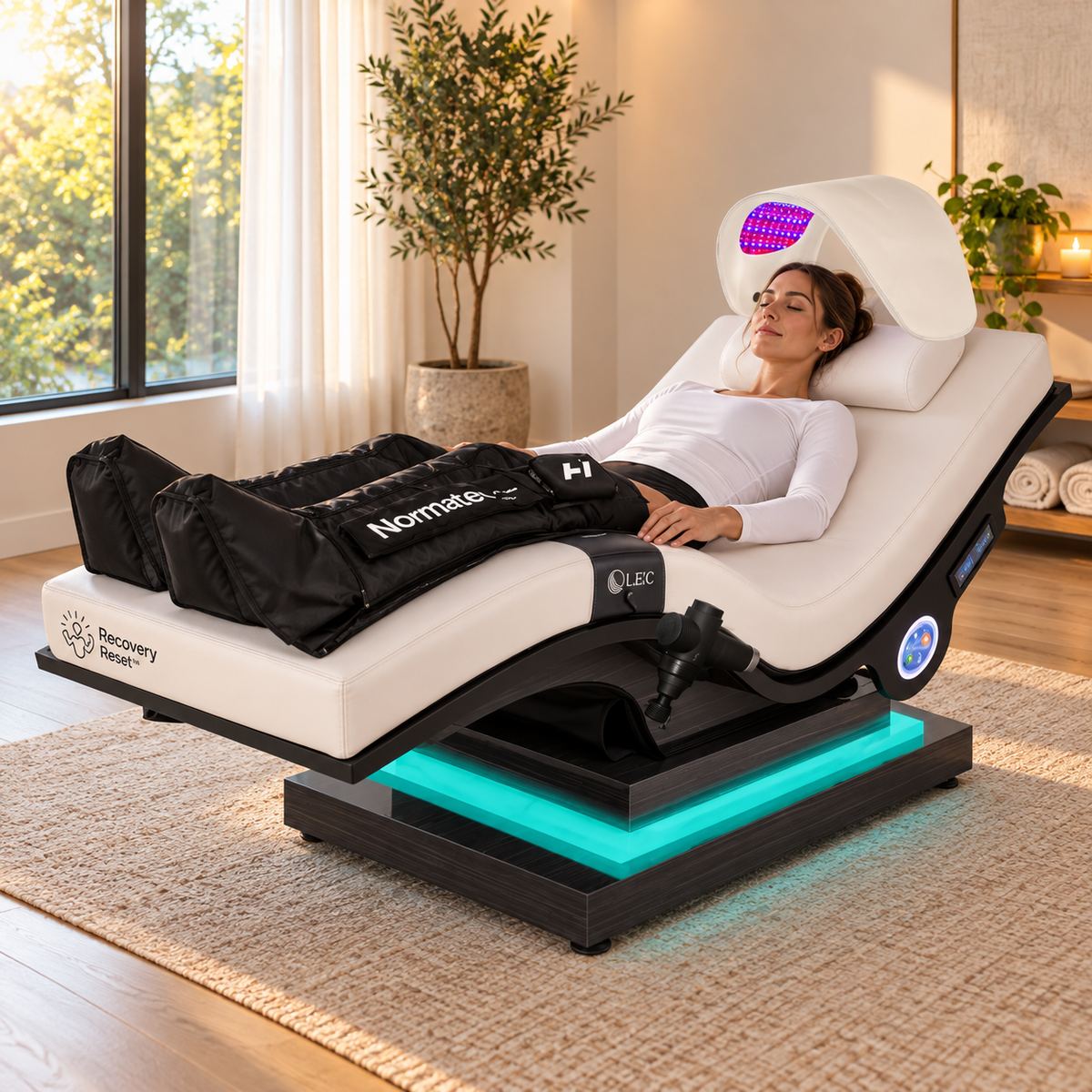 Woman relaxing on the Recovery Reset Lounger in Normatec compression boots under the Celluma light arch