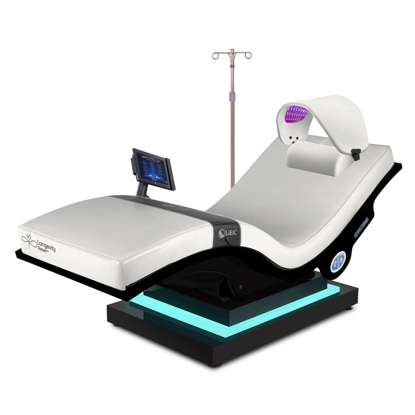 Living Earth Crafts Longevity Reset Lounger with Celluma light therapy hood and IceBlock base