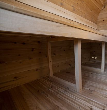 Close view of the MiniPOD Sauna bench depth, understructure and cedar floor