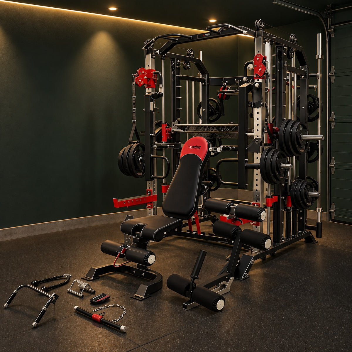 MiM USA Hercules 1001 all-in-one gym in a dark green garage home gym
