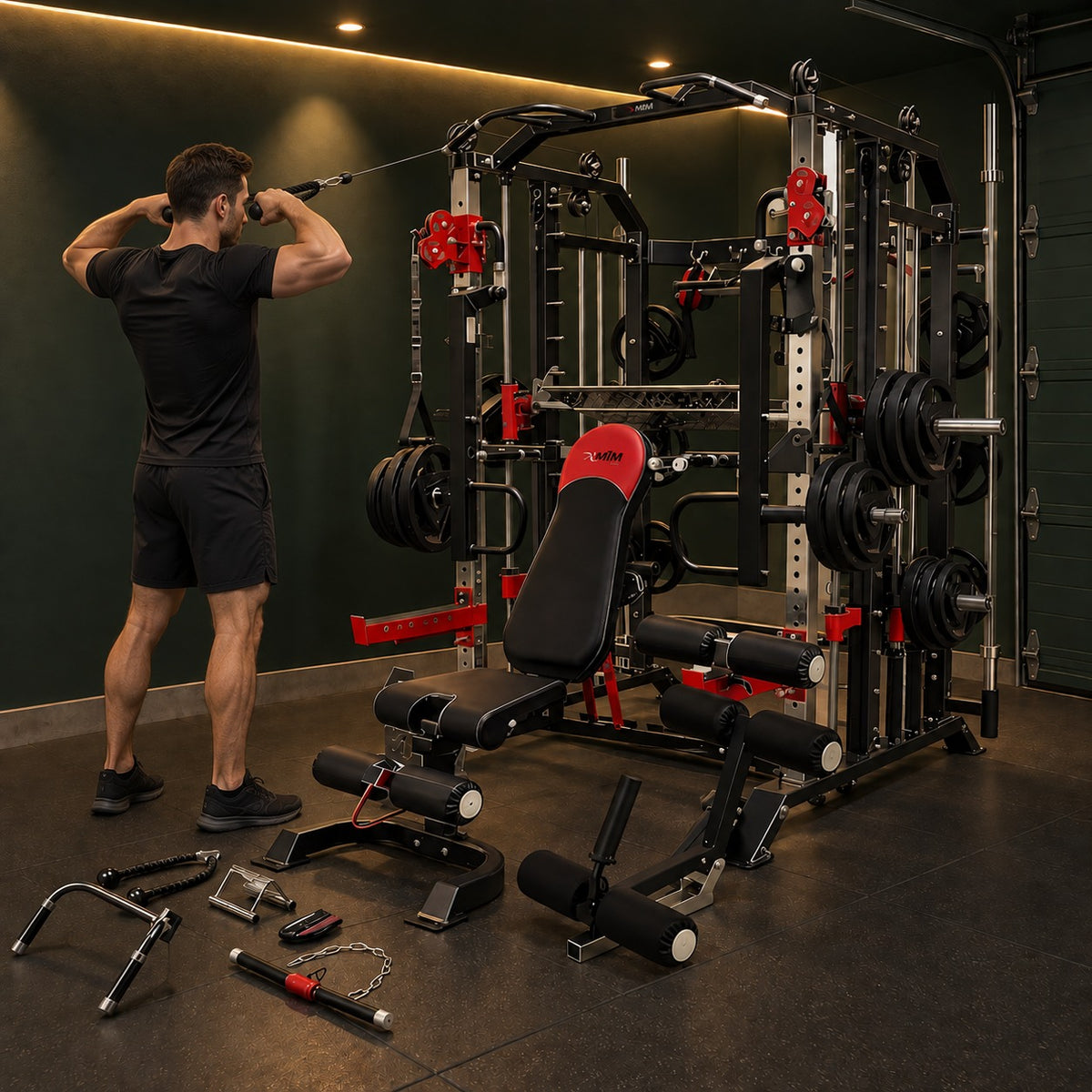 Man doing a rope face pull on the MiM USA Hercules 1001 in a garage gym