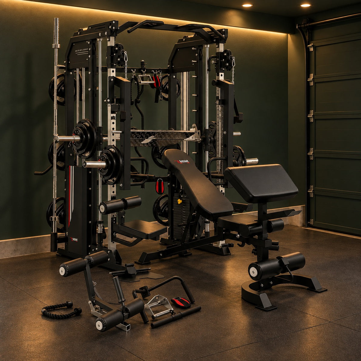 MiM USA Hercules EX all-in-one gym in a dark green garage home gym