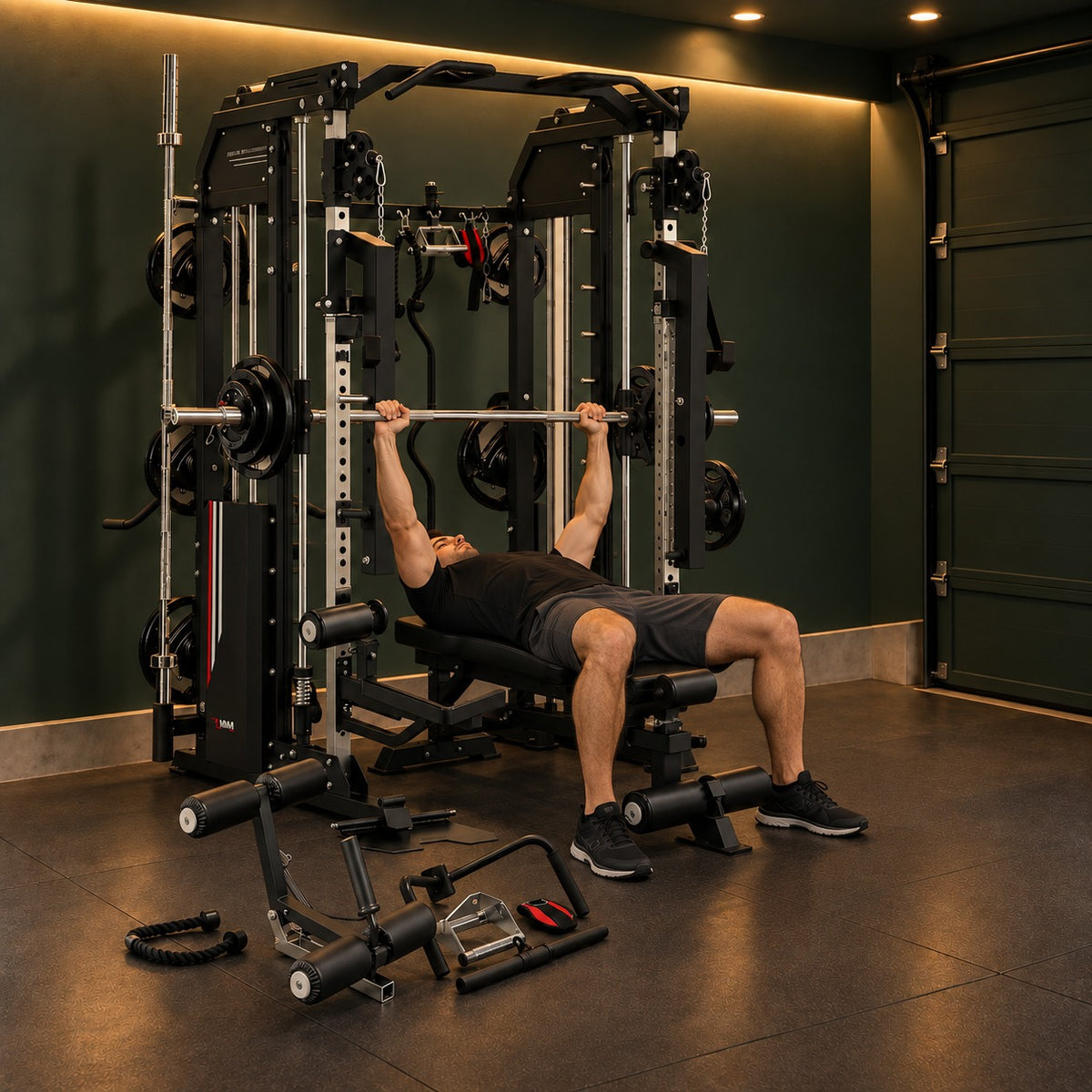 Man doing a Smith machine bench press on the MiM USA Hercules EX in a garage gym