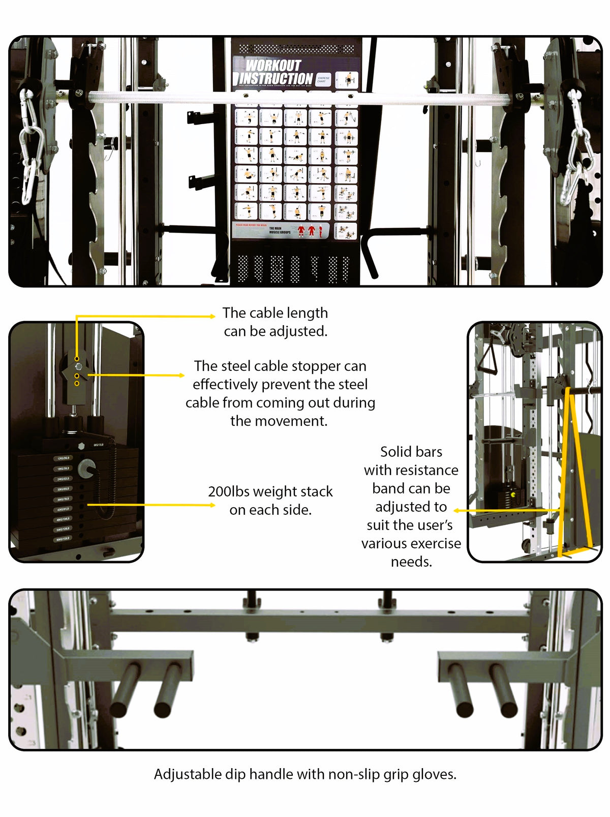 MiM USA Hercules Pro weight stack, cable stopper and dip handle details