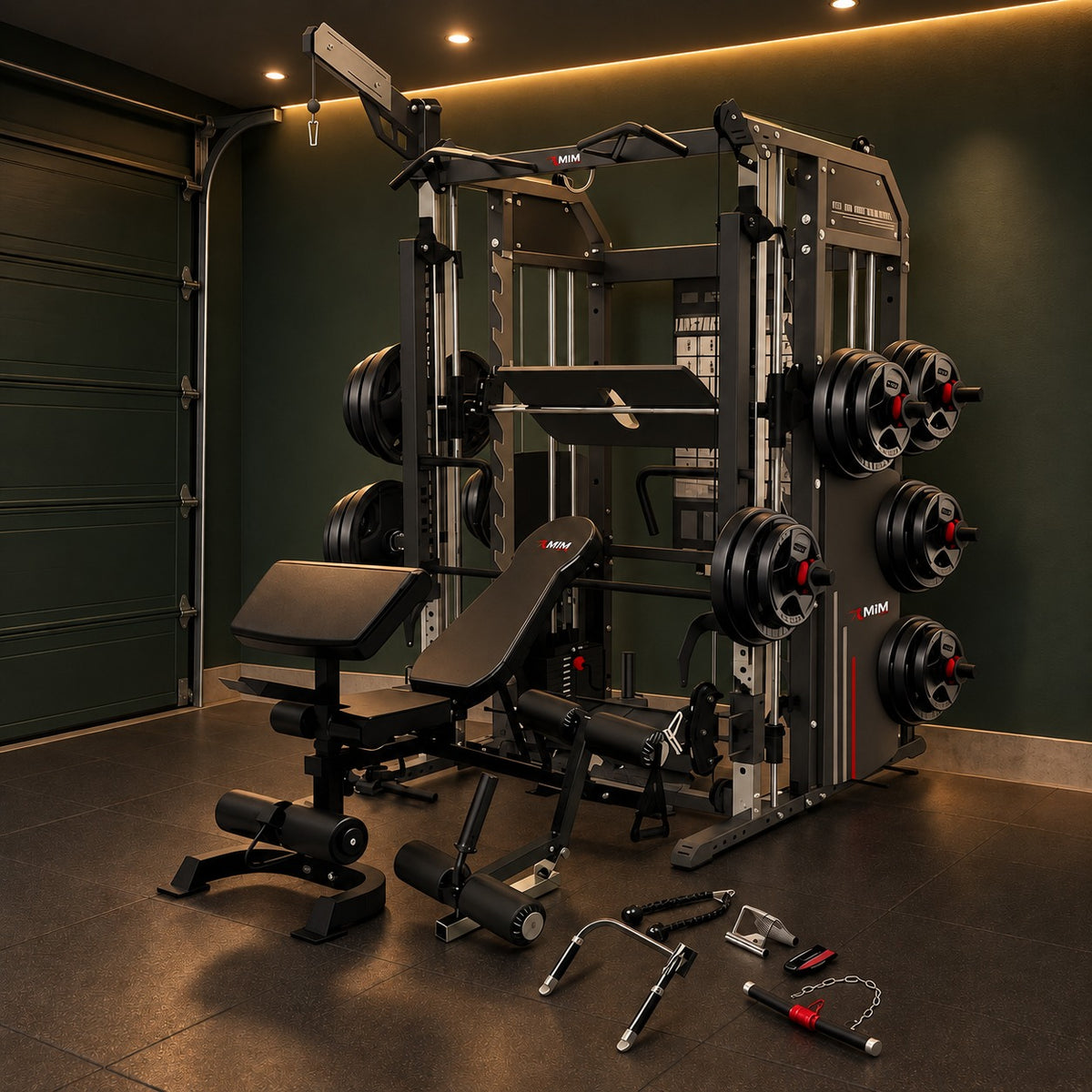 MiM USA Hercules Pro all-in-one gym in a dark green garage home gym