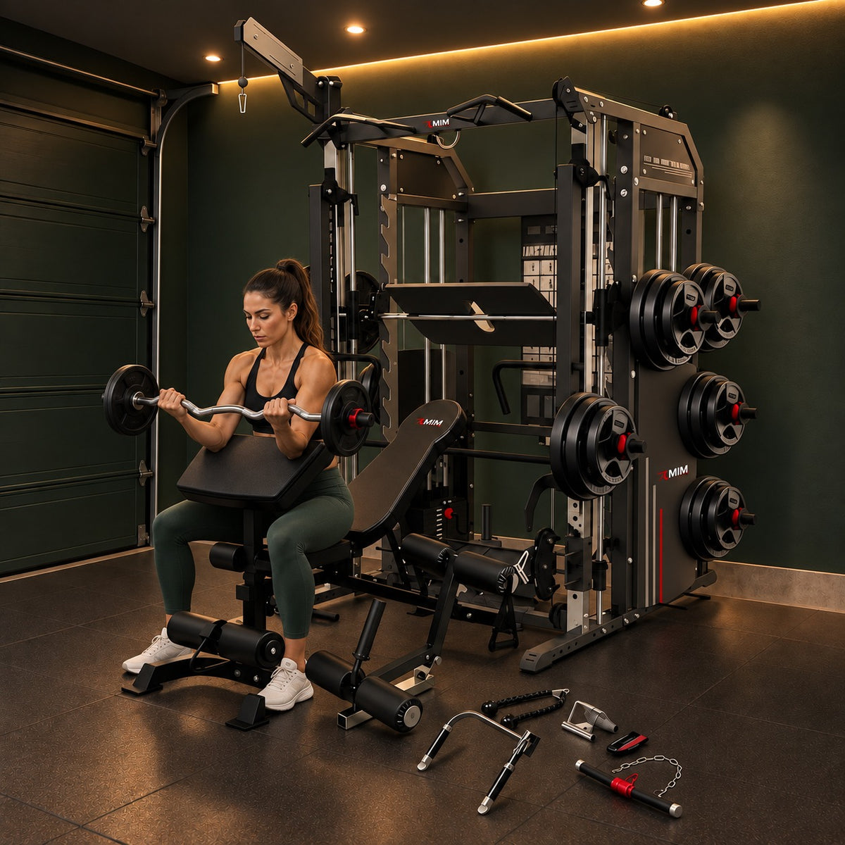 Woman doing preacher curls on the MiM USA Hercules Pro bench in a garage gym