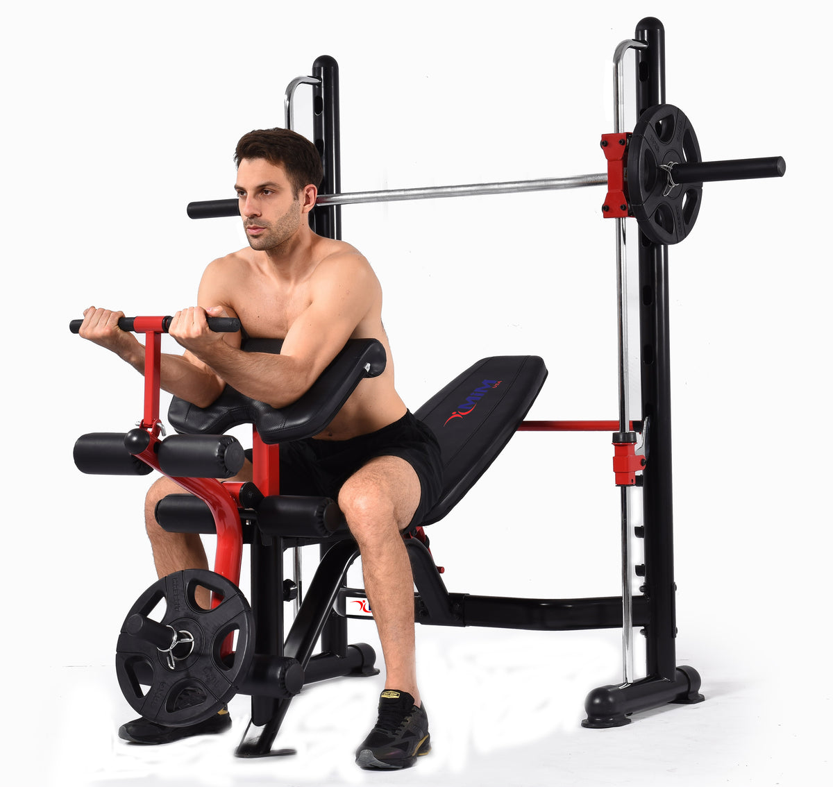 Seated preacher curl on the MiM USA Olympic Weight Bench