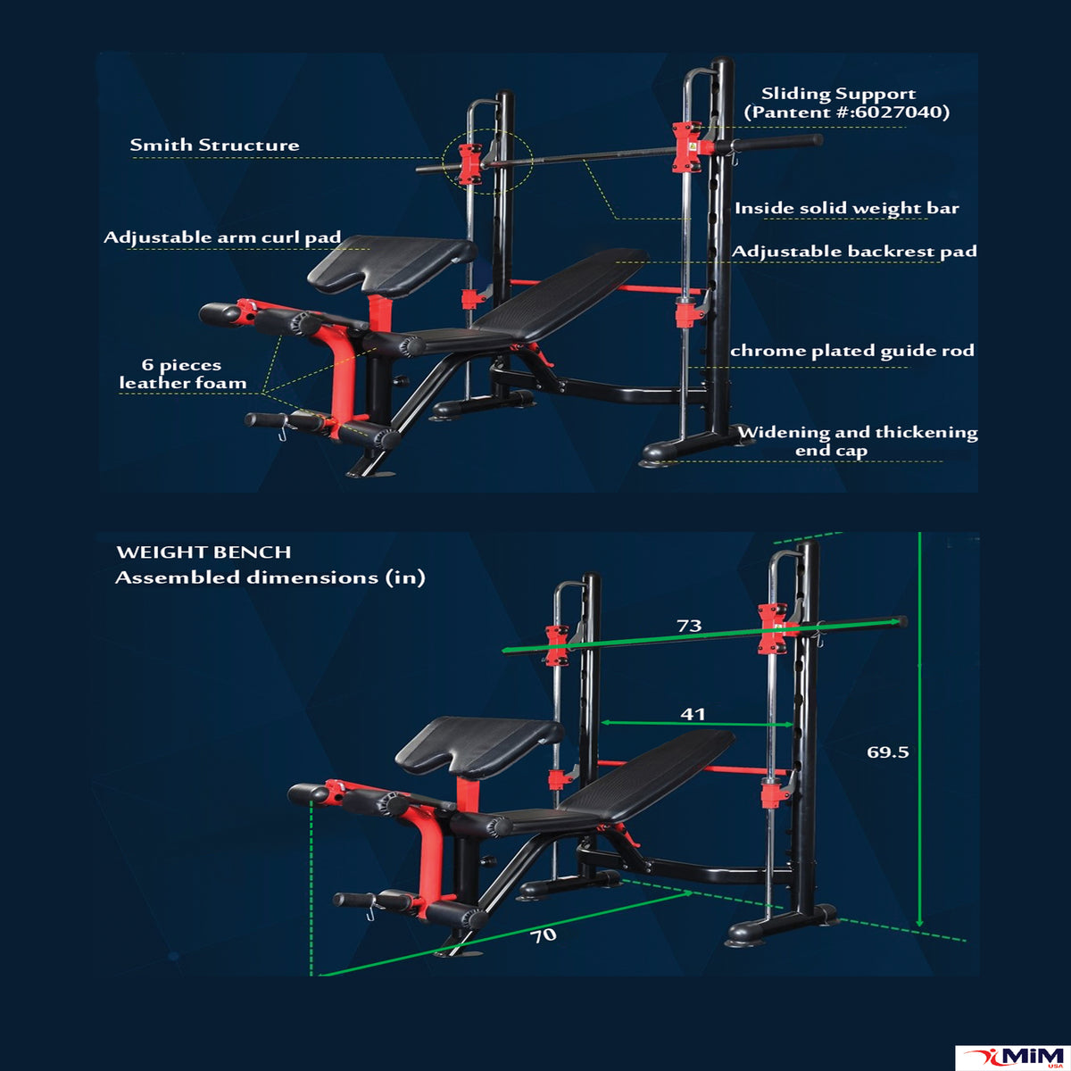 MiM USA Olympic Weight Bench features and assembled dimensions