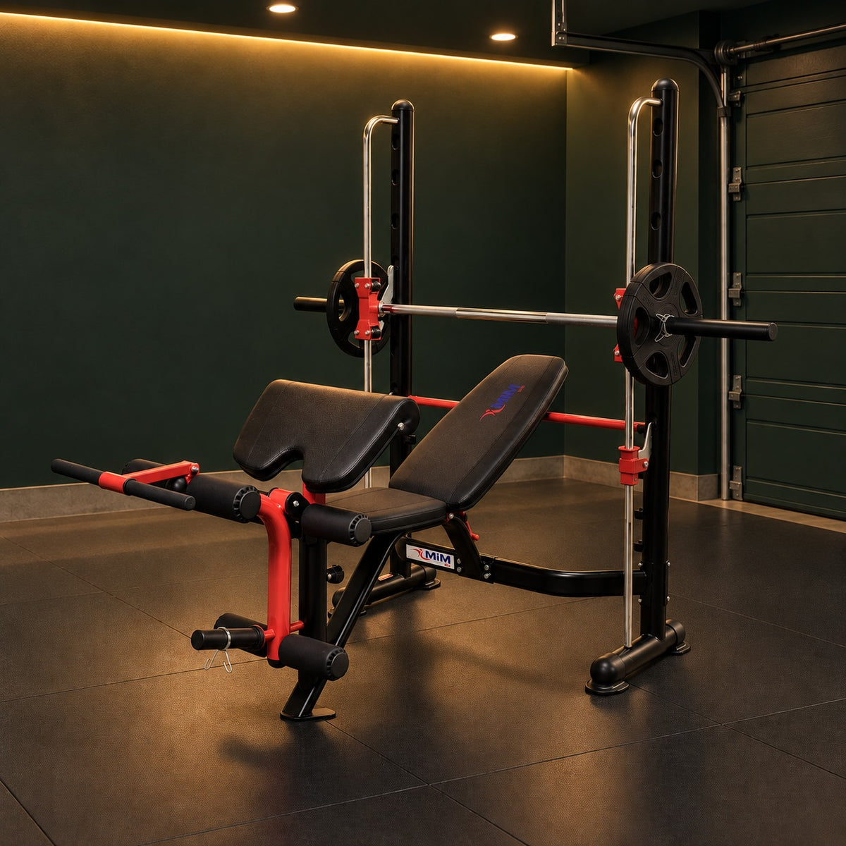 MiM USA Olympic Weight Bench and Squat Rack in a dark green garage home gym
