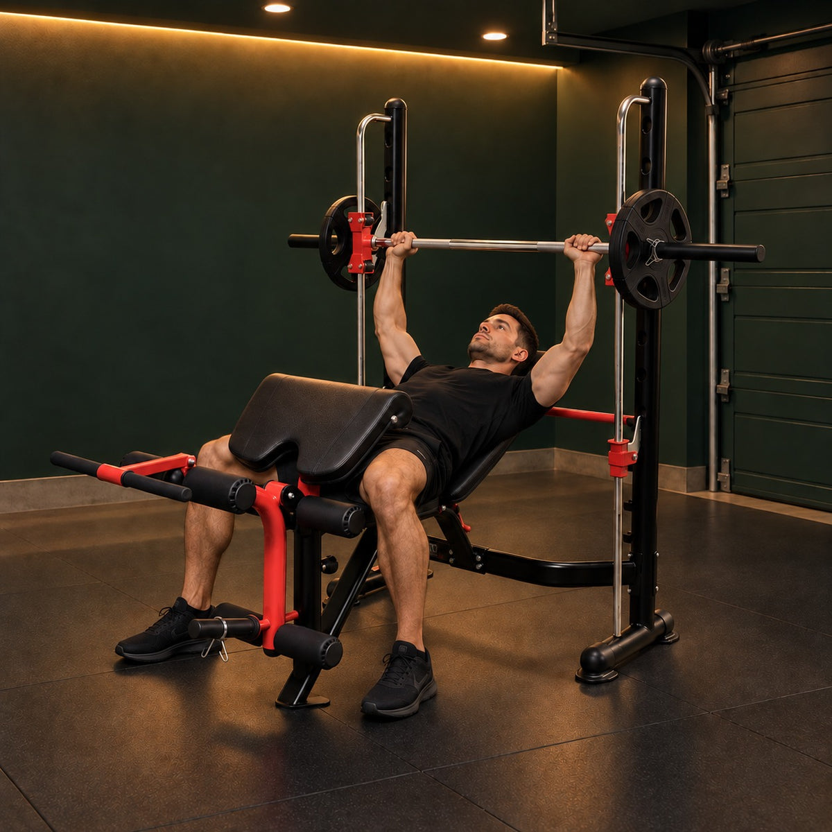 Man doing an incline press on the MiM USA Olympic Weight Bench in a garage gym