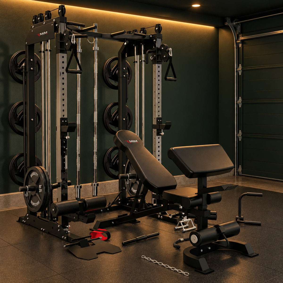 MiM USA Pro Master 1001 home gym in a dark green garage home gym