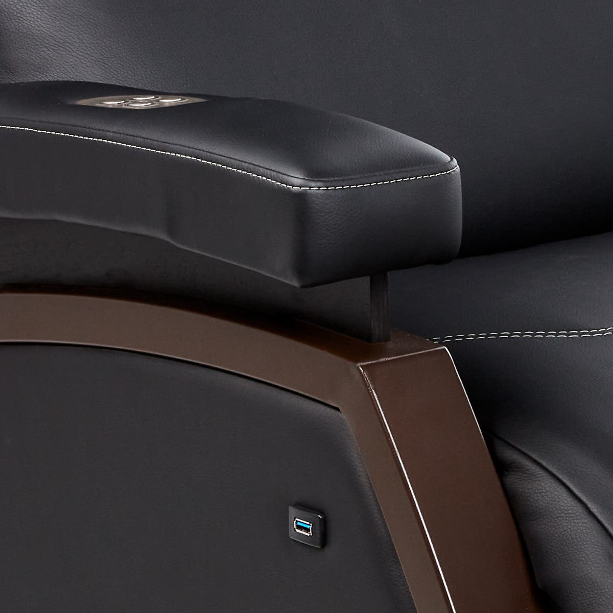 Mind-Sync lounger armrest controls and USB port