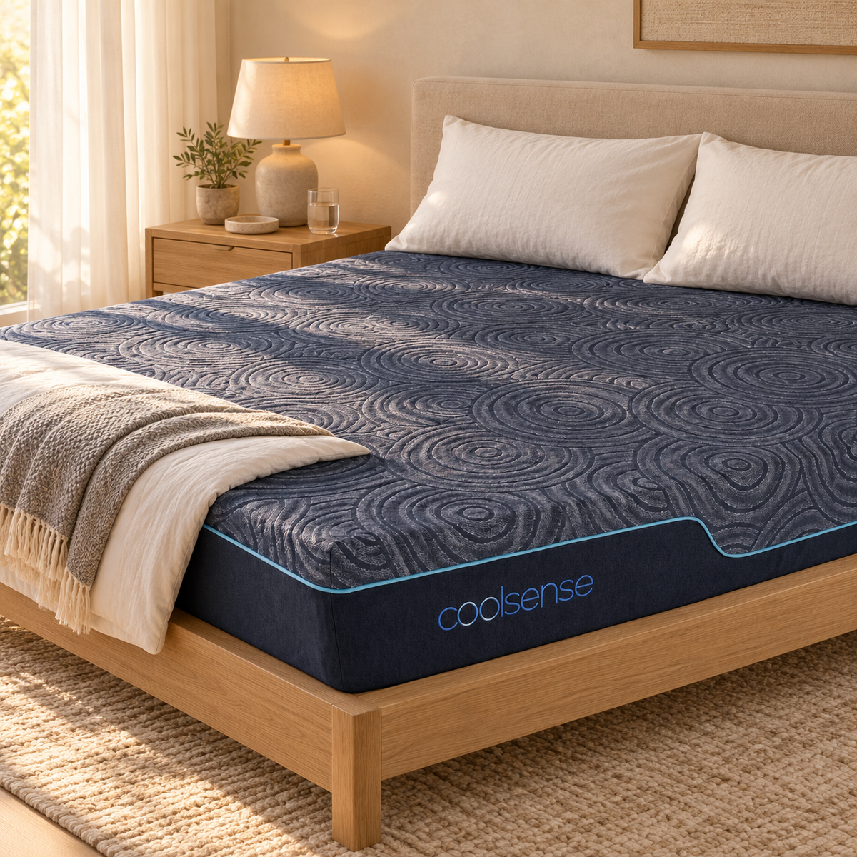 CoolSense® Refresh 10" Hybrid Mattress by DreamSense™ on a wood platform bed in a sunlit bedroom