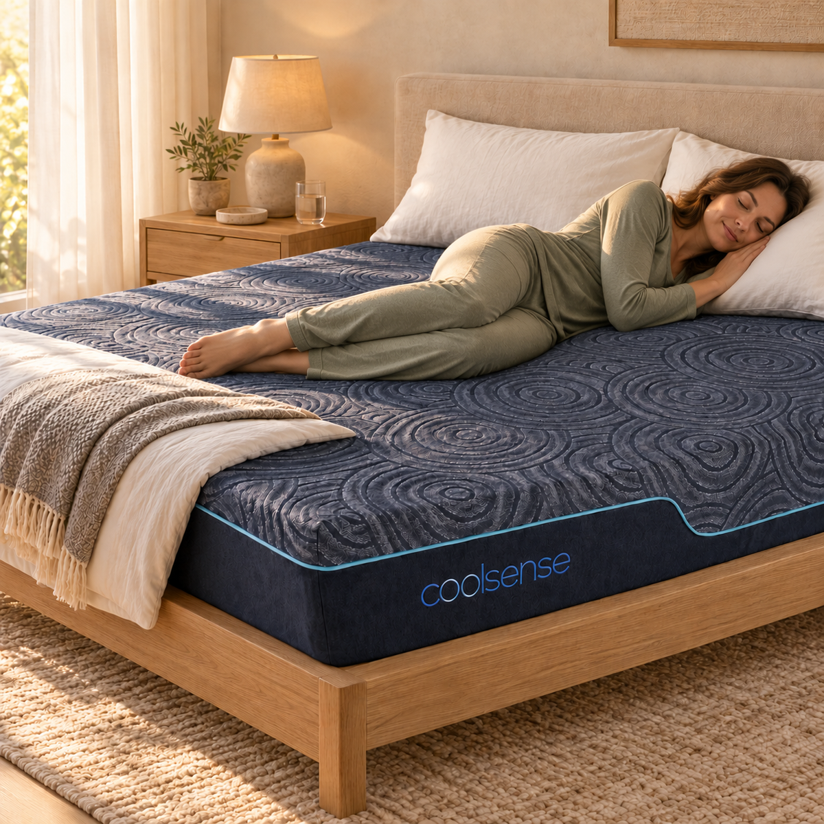 Woman resting on the CoolSense® Refresh 10" Hybrid Mattress by DreamSense™ in a sunlit bedroom