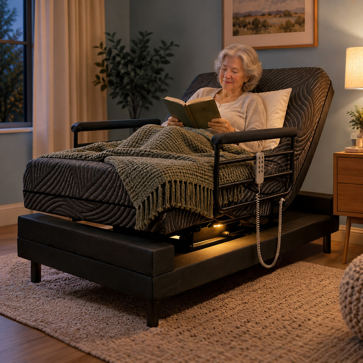 Independence® Adjustable Chair Bed by Customatic, reading in the sitting position