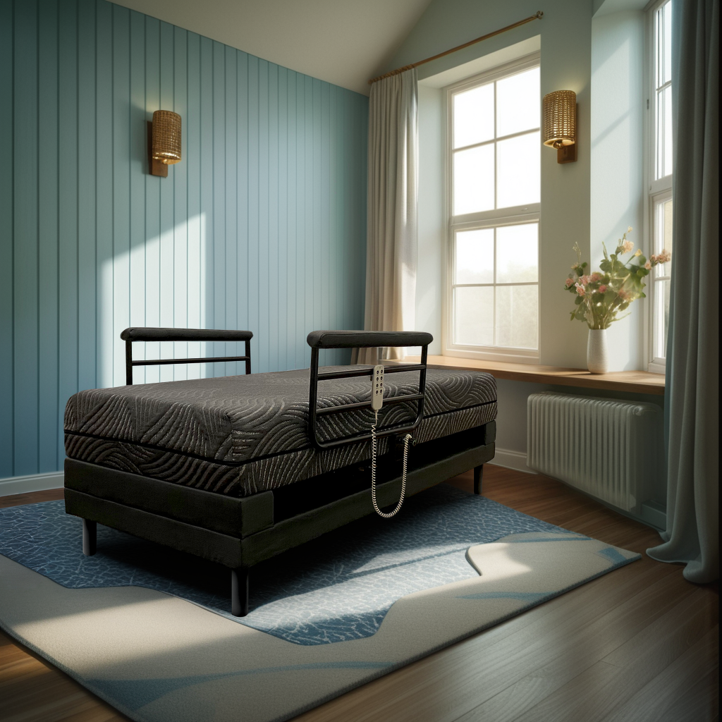 Independence® Adjustable Chair Bed by Customatic in a bedroom, flat