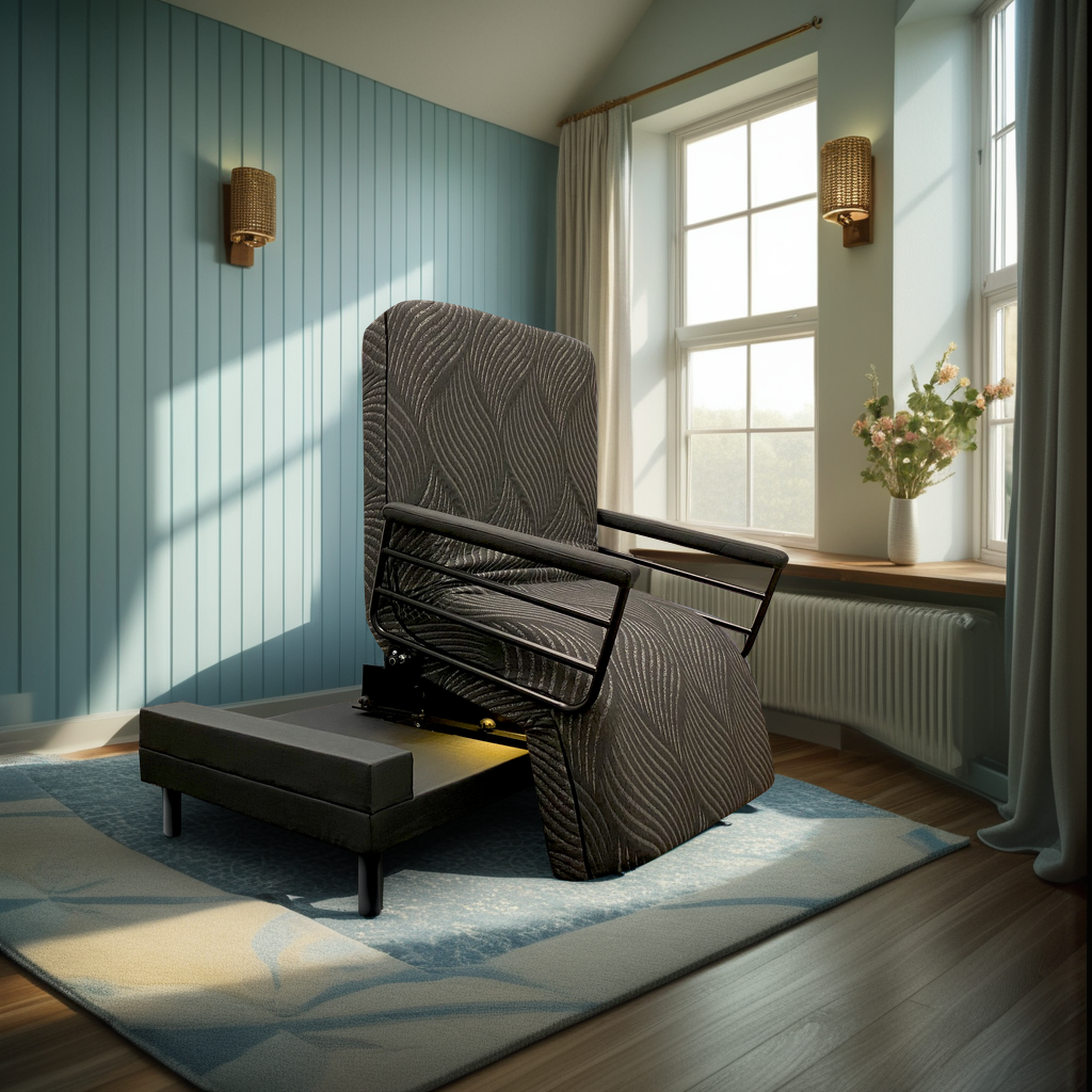 Independence® Adjustable Chair Bed by Customatic in a bedroom, sit-to-stand position