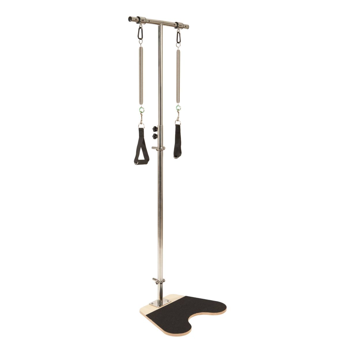 Elina Pilates Ped and Pull stainless steel post with two springs and padded handles on a non-slip maple base