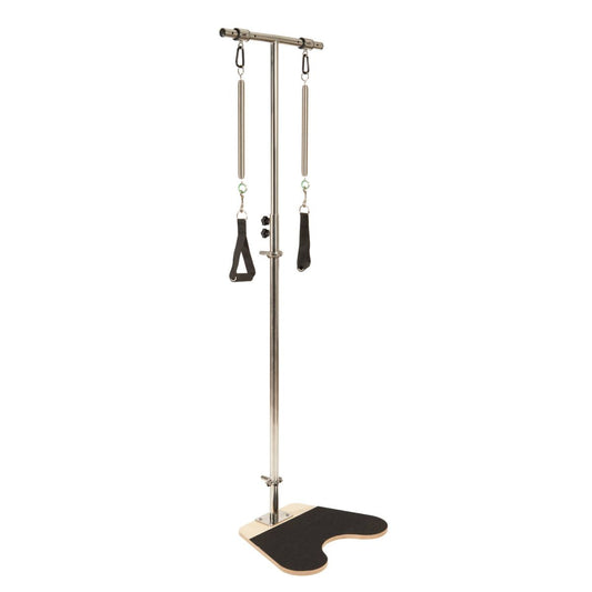 Elina Pilates Ped and Pull stainless steel post with two springs and padded handles on a non-slip maple base