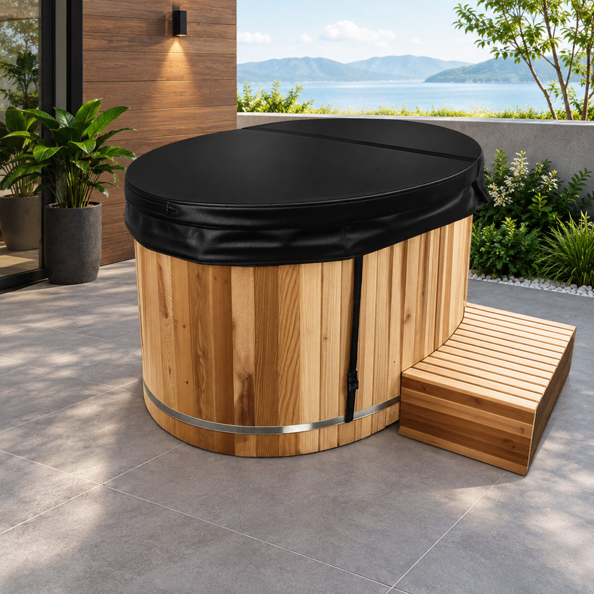 K-Plunge Luxury Cedar Oval Cold Plunge Tub on an outdoor patio, with cover