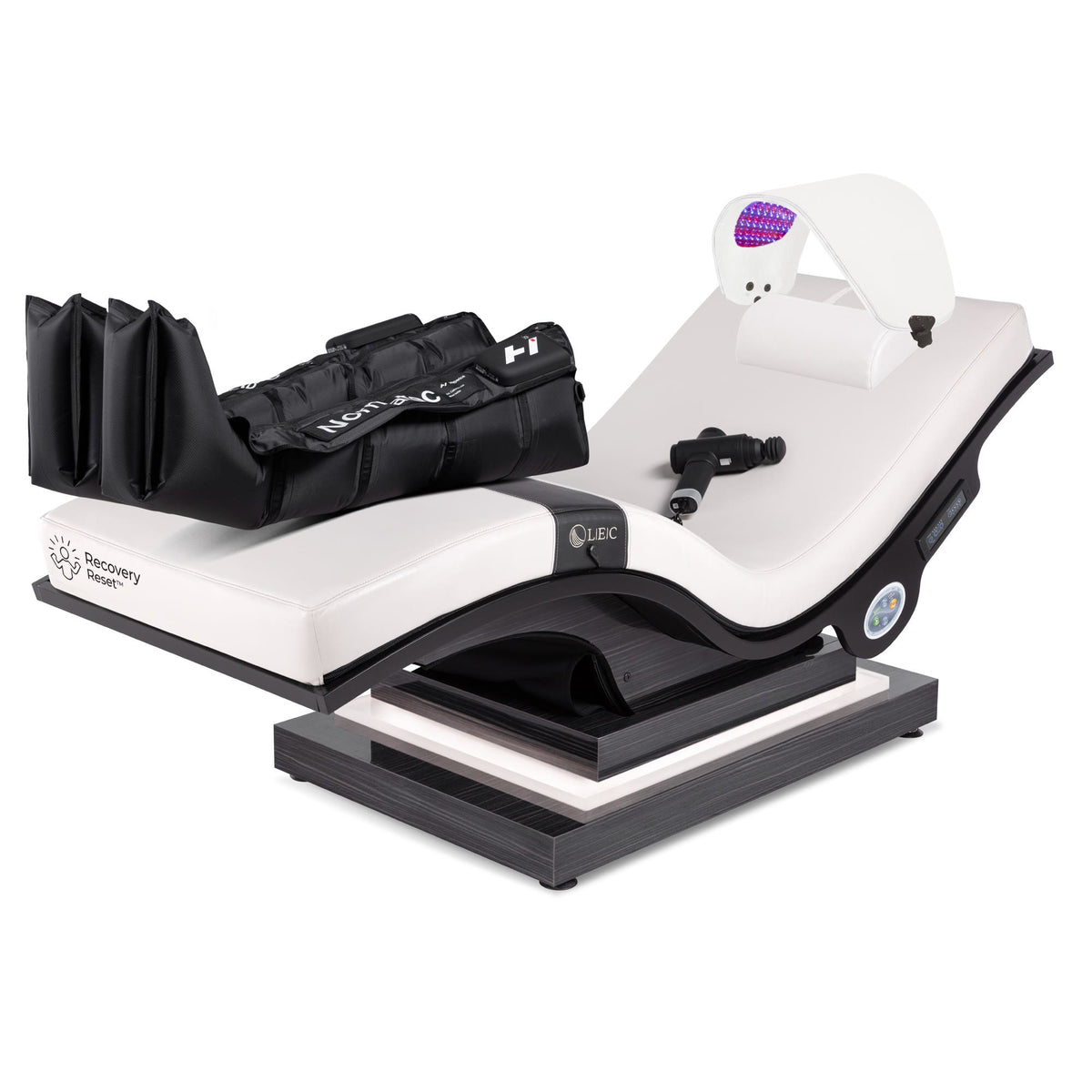 Recovery Reset Lounger second angle with compression boots on the seat