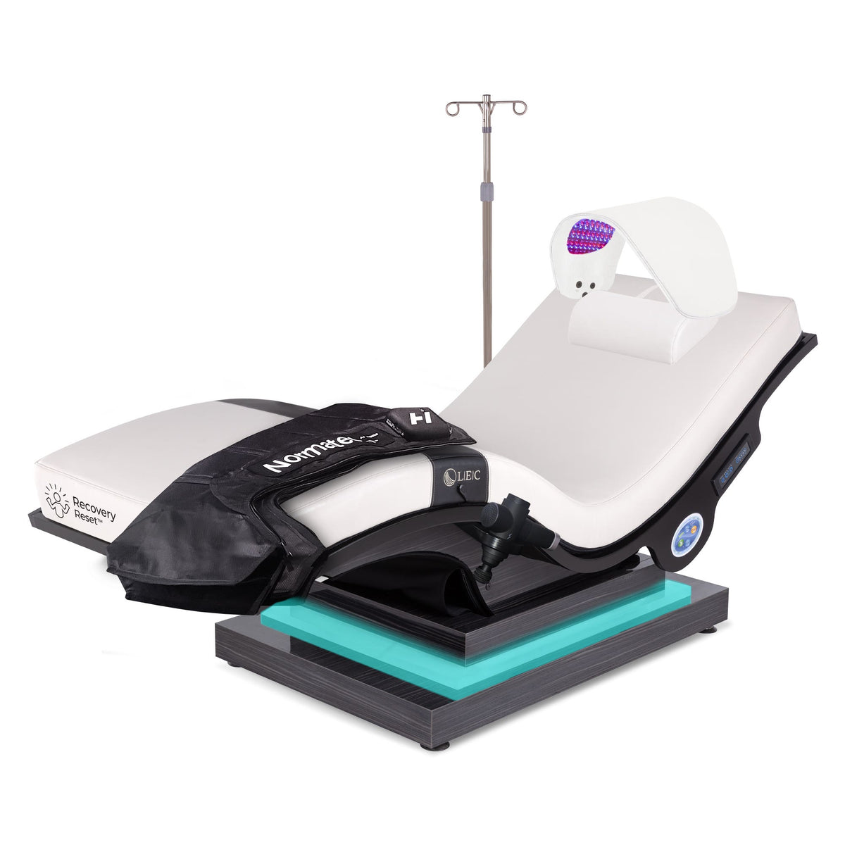 Living Earth Crafts Recovery Reset Lounger with Normatec boots and Celluma light therapy