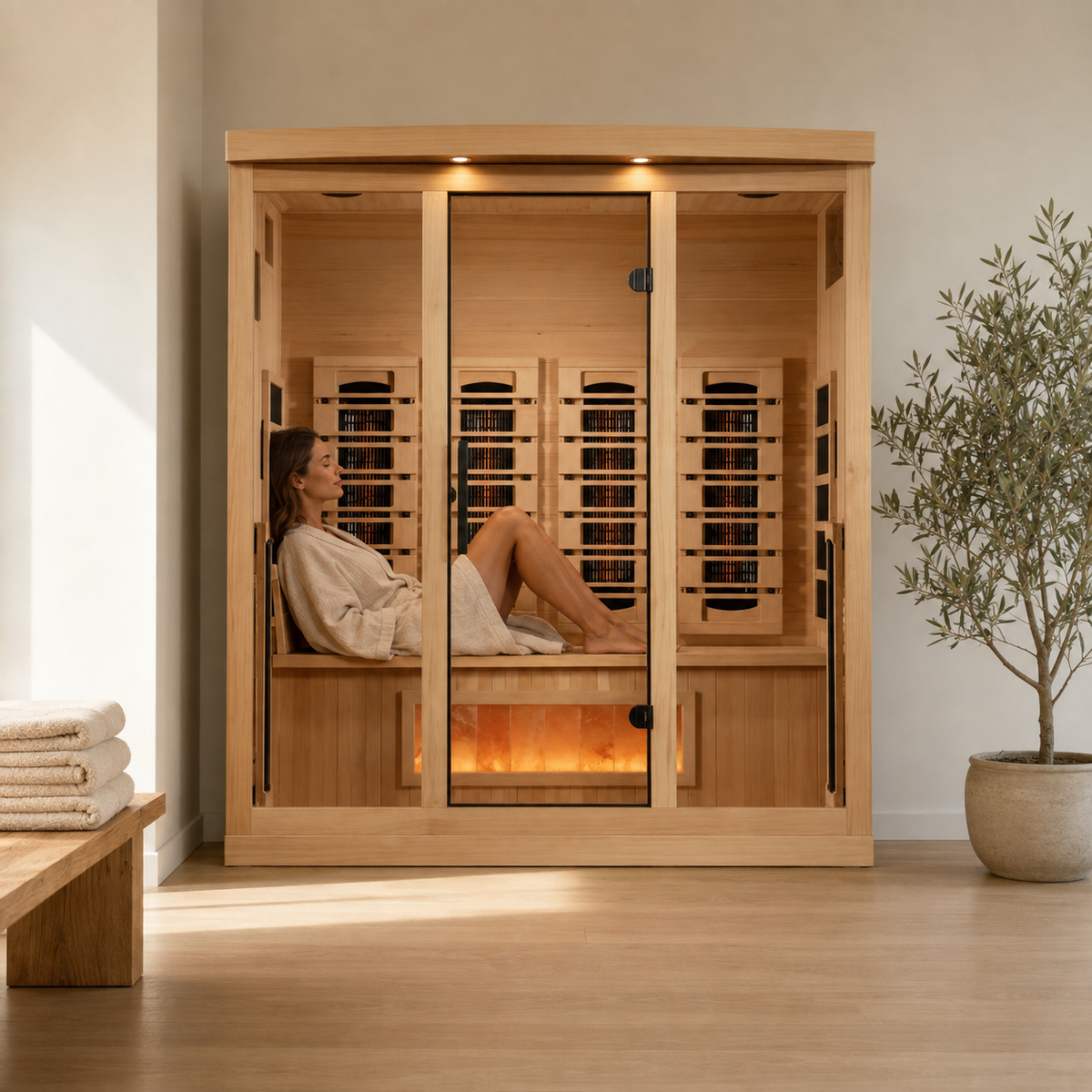 Woman relaxing on the bench inside the Golden Designs Reserve Edition 4-person full spectrum infrared sauna