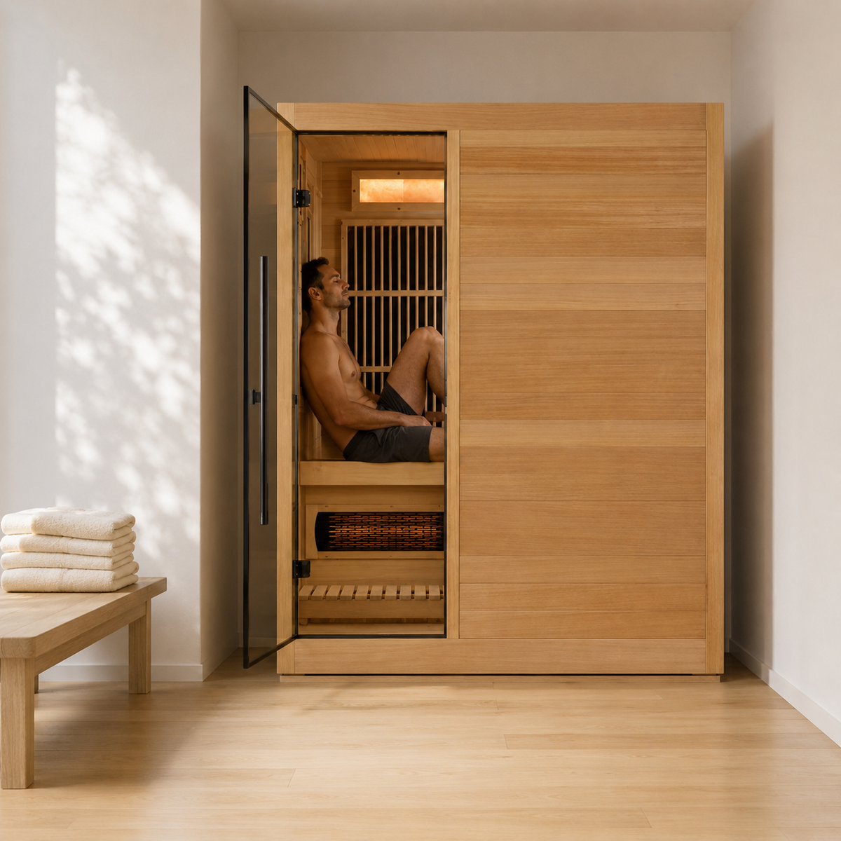 Man relaxing on the bench inside the Golden Designs Soria 3-person hybrid indoor sauna beside the Harvia stove