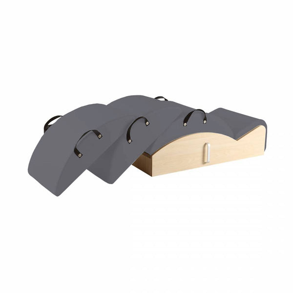 Elina Pilates Spine Corrector 3 in 1 showing three nesting barrel shells on a maple base