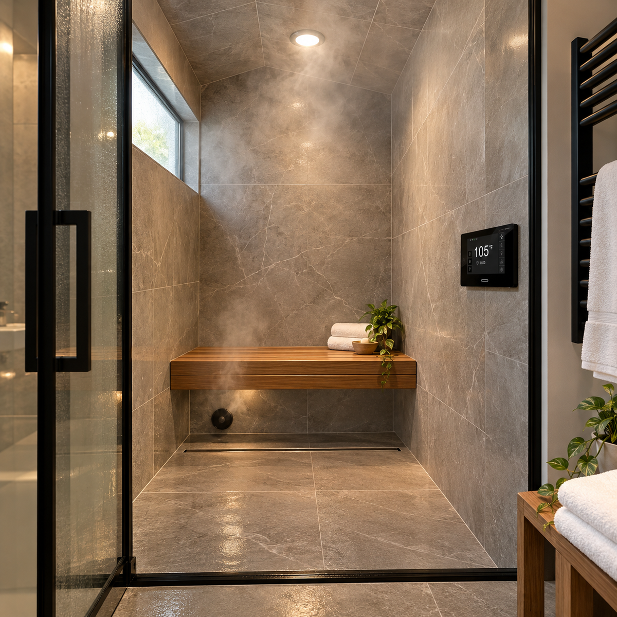 SteamSpa Black Series matte black steam shower controls installed in a stone steam shower