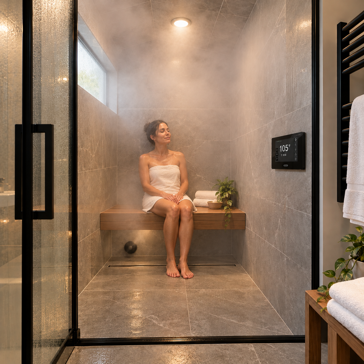Woman relaxing in a steam shower with the SteamSpa Black Series control
