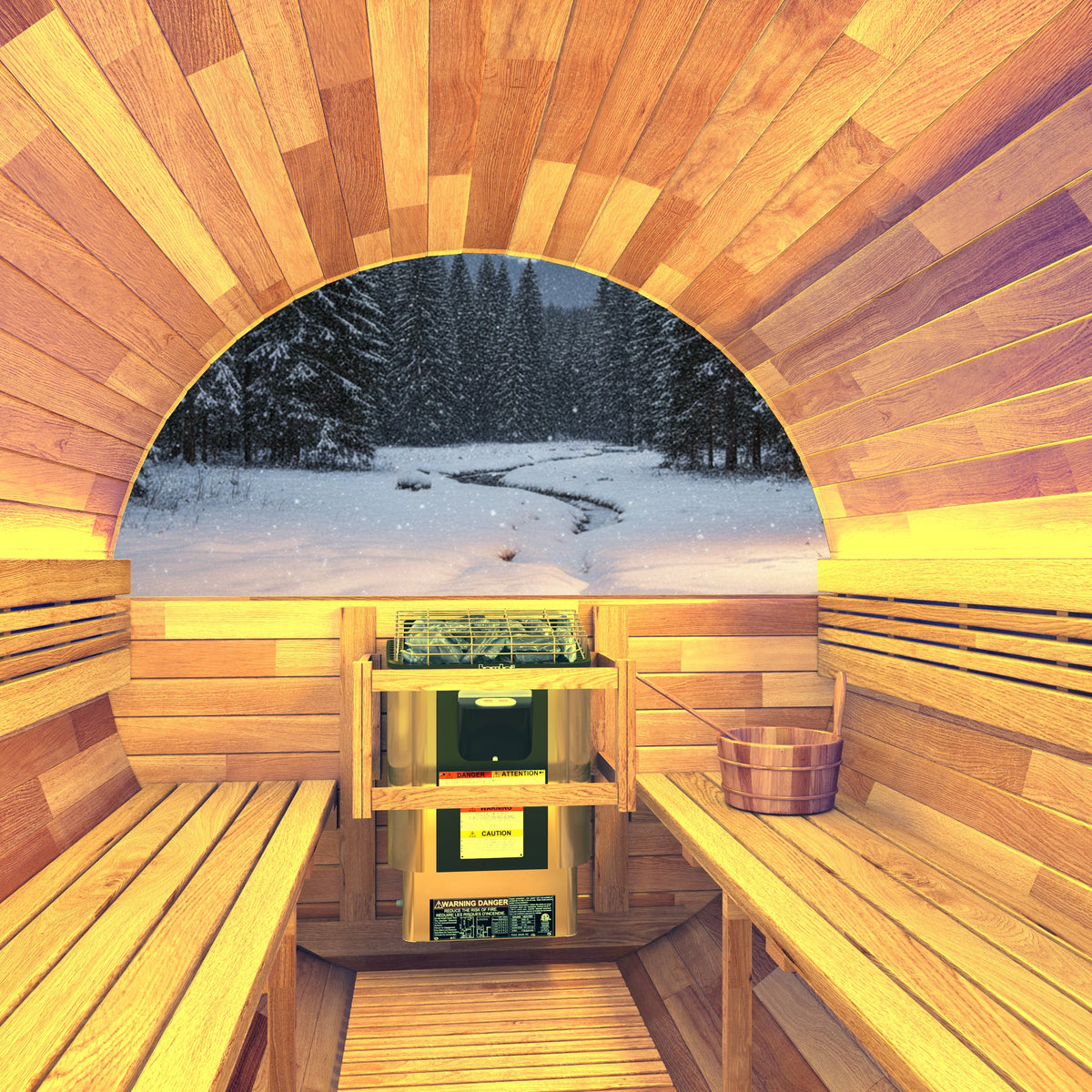 variant-with front porch, SaunaSpa barrel sauna interior with the half-moon rear window
