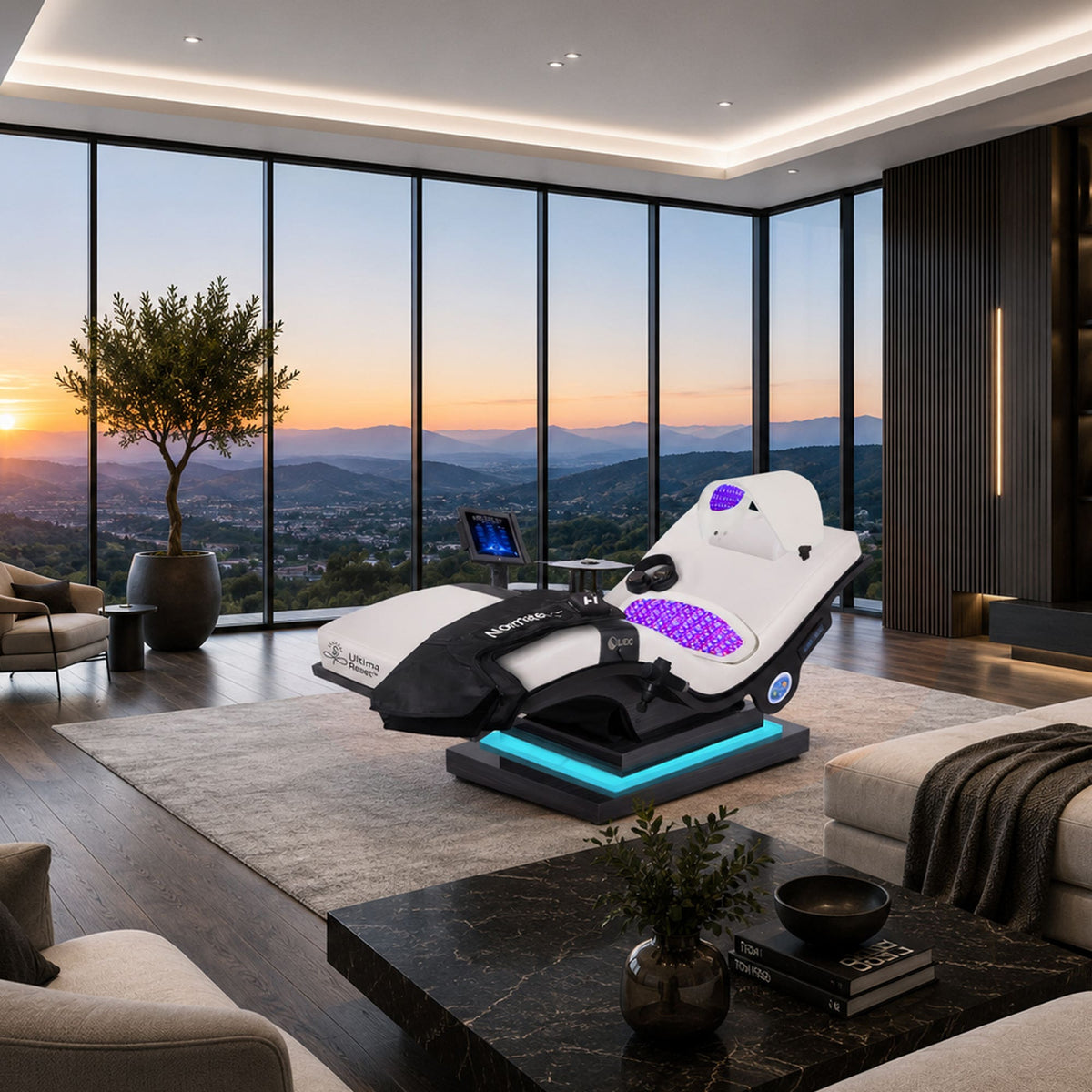 Ultima Reset Lounger in a living room at sunset