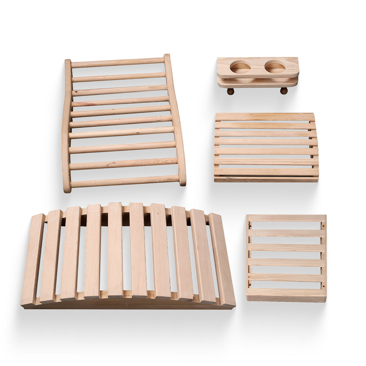 HeatWave Deluxe Sauna Accessory Kit, five hemlock pieces on a white background