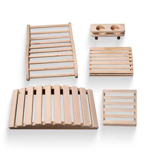 HeatWave Deluxe Sauna Accessory Kit, five hemlock pieces on a white background