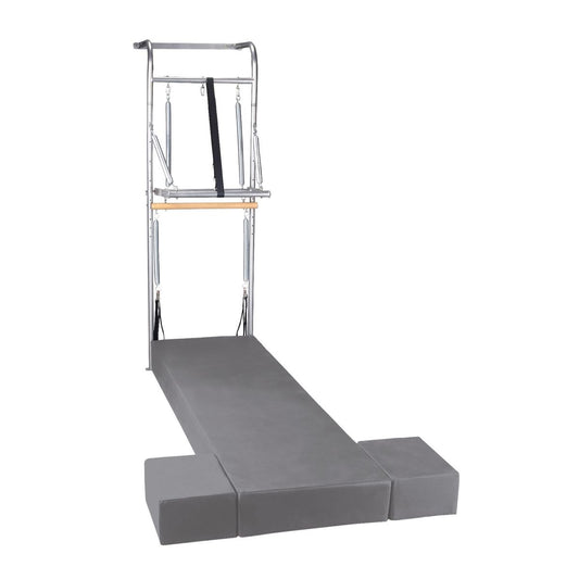 Elina Pilates Wall Unit with stainless steel tower, grey upholstered bed and two storage boxes