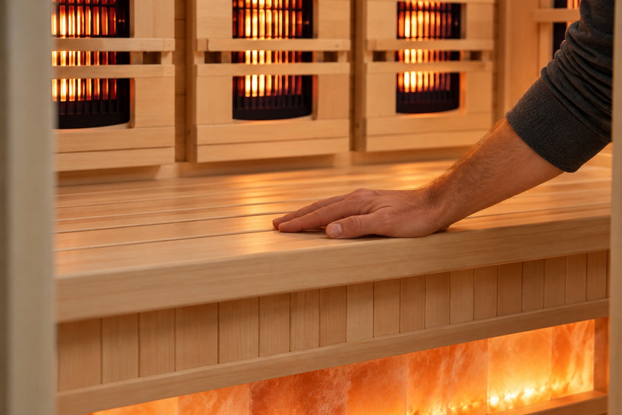 Hand resting on a sauna bench with the heaters glowing behind