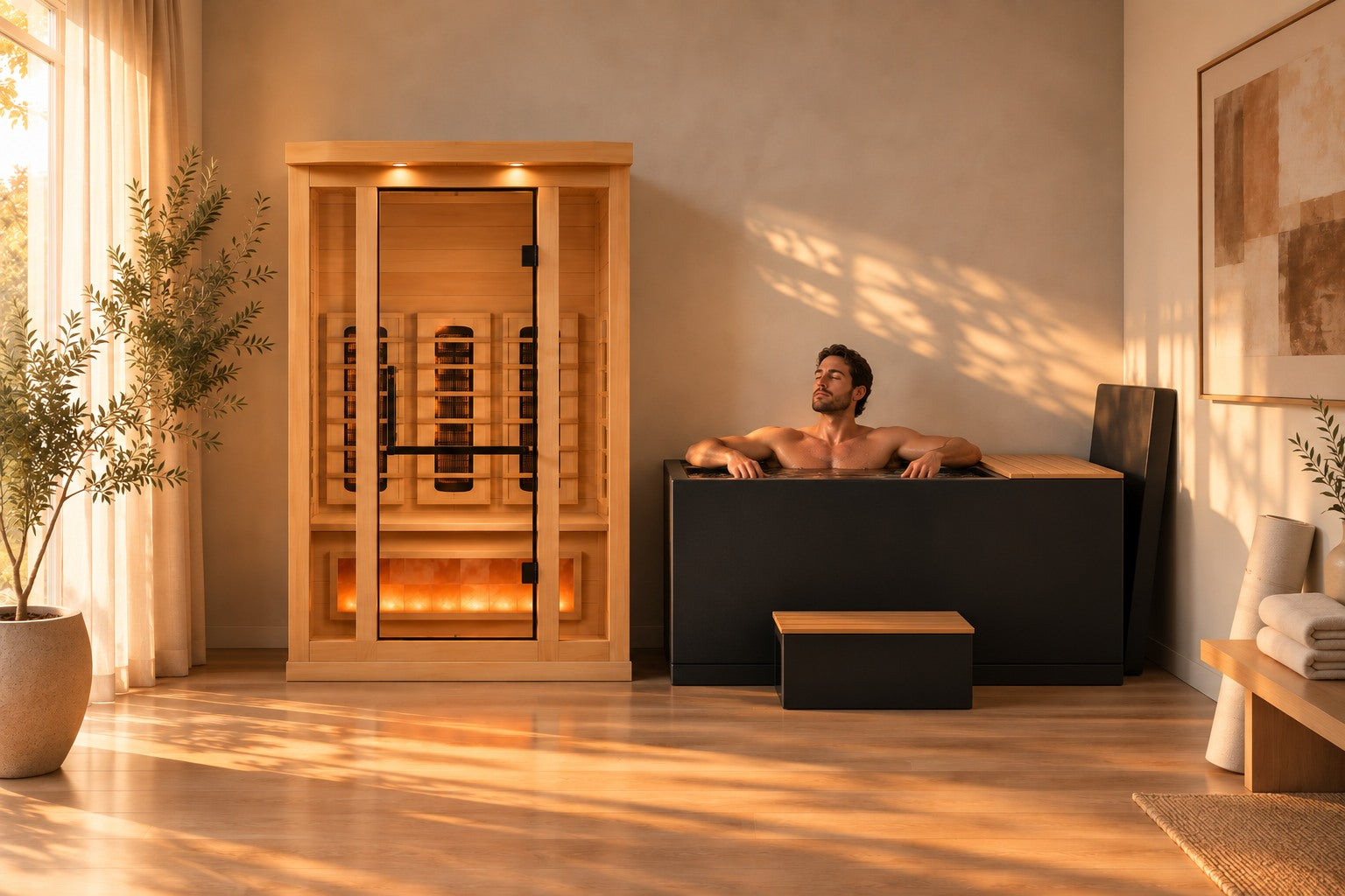 Infrared sauna and cold plunge in a room at home